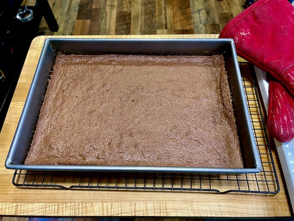 A baking pan filled with fully baked RhoRho's Brownies