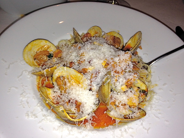 A large white pasta dish filled with linguine and fresh clams in their shells topped with grated Parmesan