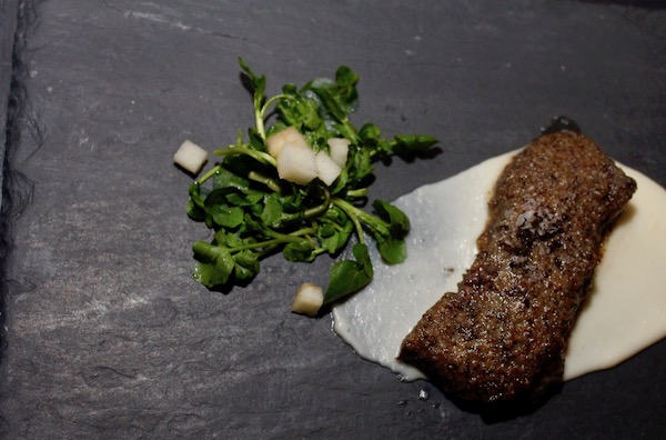 A slate plate topped with a small Grilled Filet + Chicatana Butter + Turnip Purée + Quelite Salad