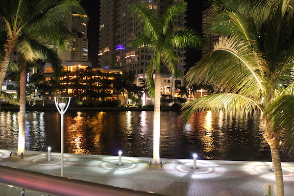 A river with buildings and palm trees lining its banks