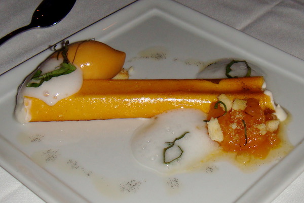 A square white plate topped with and orange fruit roll filled with vanilla ice cream and garnished with fruit, sorbet and mint shreds.