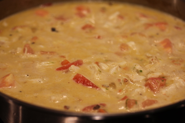 Anodized pan with risotto cooking.