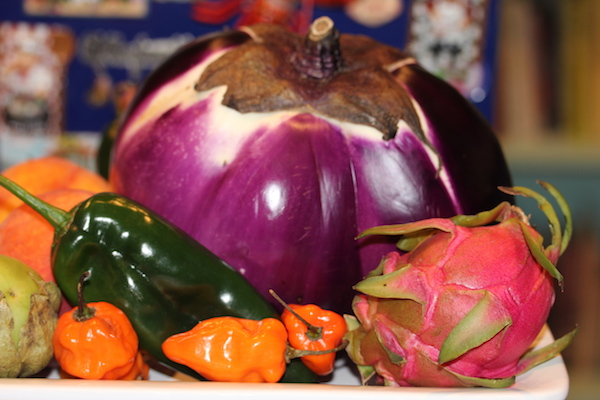 Italian Eggplant, Poblano chile, Habanero chiles and dragonfruit.