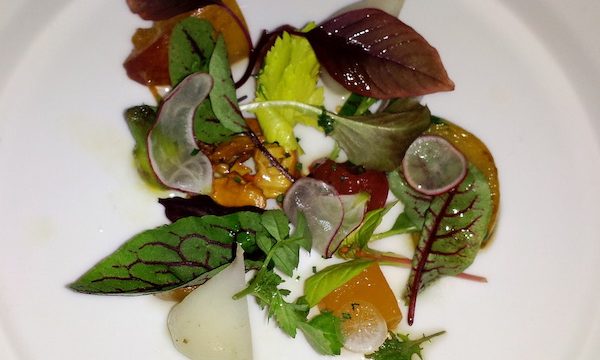 A white plate topped with colorful salad greens, pear and brittle