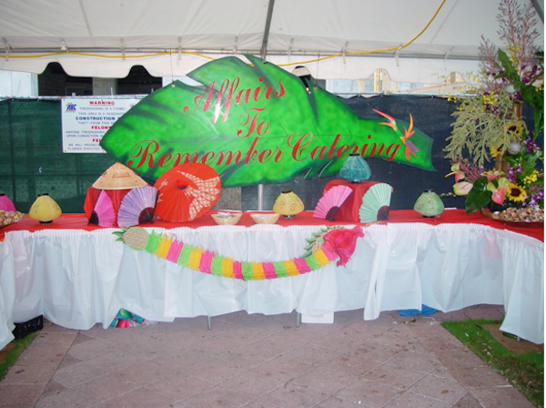 A large U shaped buffet with Mexican decor.