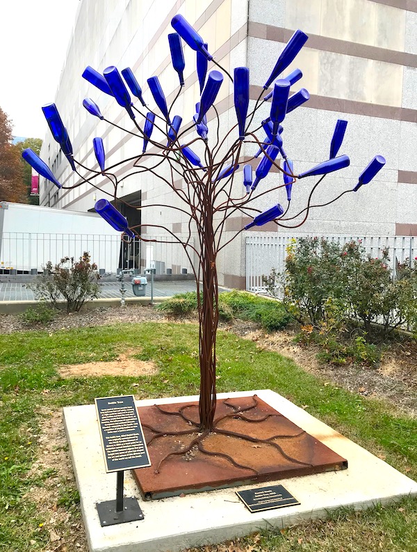 Fabulous Tree Sculpture with cobalt blue wine bottles for leaves at the Museum of Natural Sciences