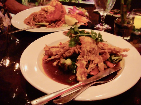 Two white plates of food Soft Shell Crab (Front) and Lobster Pad Thai (Back)