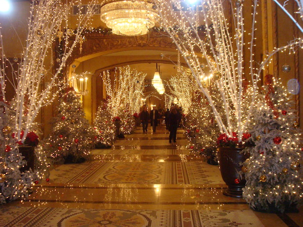 Glamorous hotel lobby with white Christmas trees and millions of twinkling lights