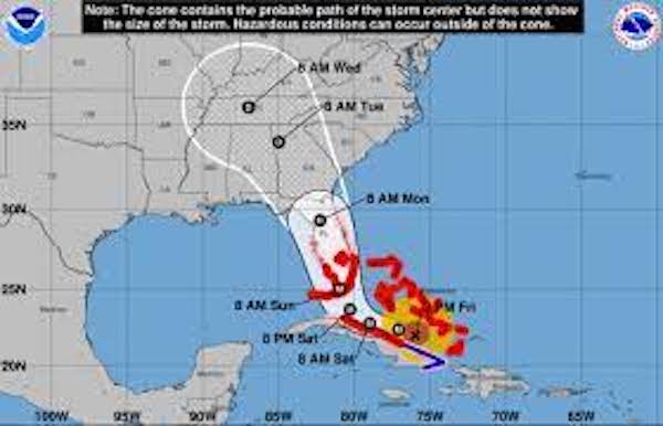 A map of Florida with red showing hurricane Irma's path