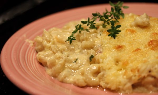 Pink dinner plate filled with macaroni, cheese and lobster garnished with a sprig of thyme