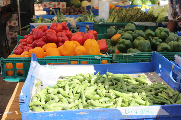 A market display of okra and bell peppers in red, green and yellow