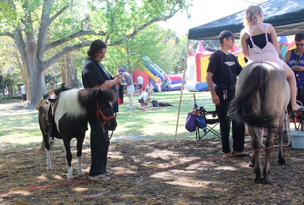 Ponies with riders in a park.