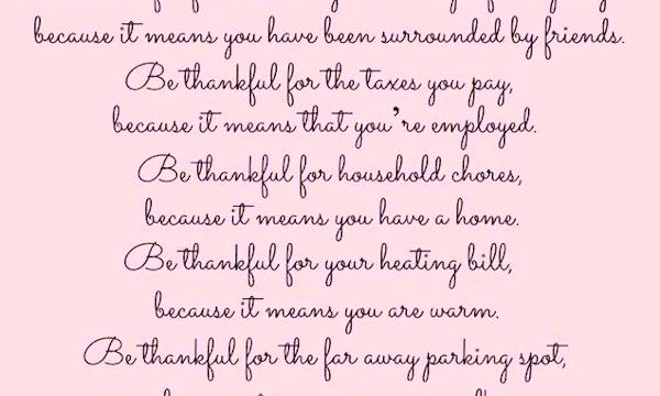 A pink page with magenta writing about being thankful.