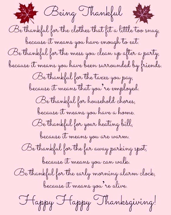 A pink page with magenta writing about being thankful.