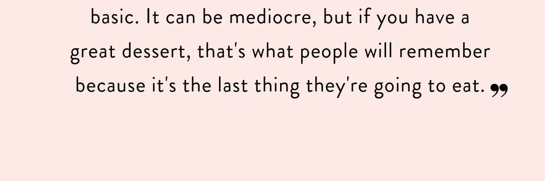 Pink background with chef's quote about dessert
