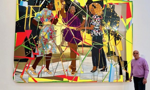 A fun and colorful abstract piece of three women.