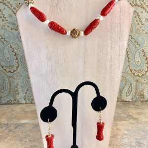 Cinnabar, Pearl and Vermeil Necklace and Earrings