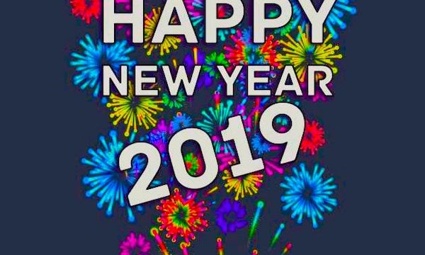 Happy New Year 2019 on a black background with colorful fireworks behind the white lettering.