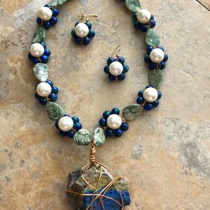 Azurite and Moss Agate necklace and earrings with glass pearls and raw lapis lazuli.