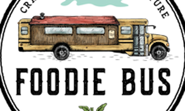 The logo for The Foodie Bus and The Help Bus is a drawing of a yellow school bus with a raised red roof.