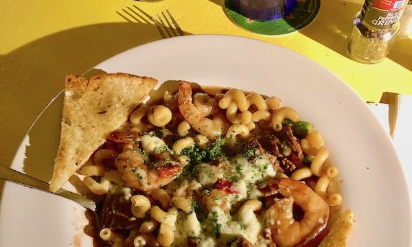 Harbor Cove Bar and Grill in Ft. Pierce Florida filet and shrimp pasta with gorgonzola sauce and garlic toast points.
