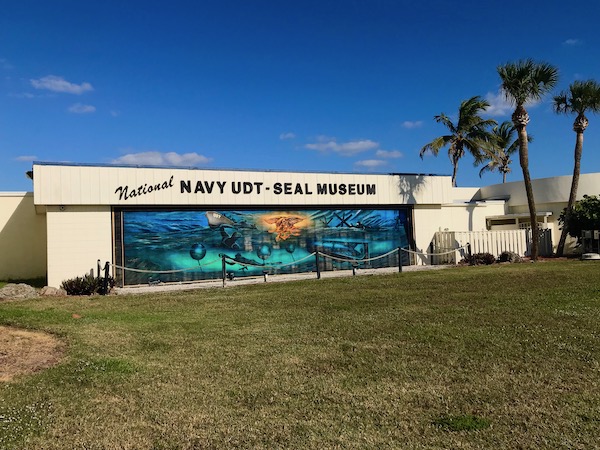 Navy Seal Museum on N. Hutchinson Island Florida white building with mural.