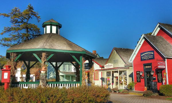 A gazebo and colorful, quaint shops at Historic Smithville NJ.