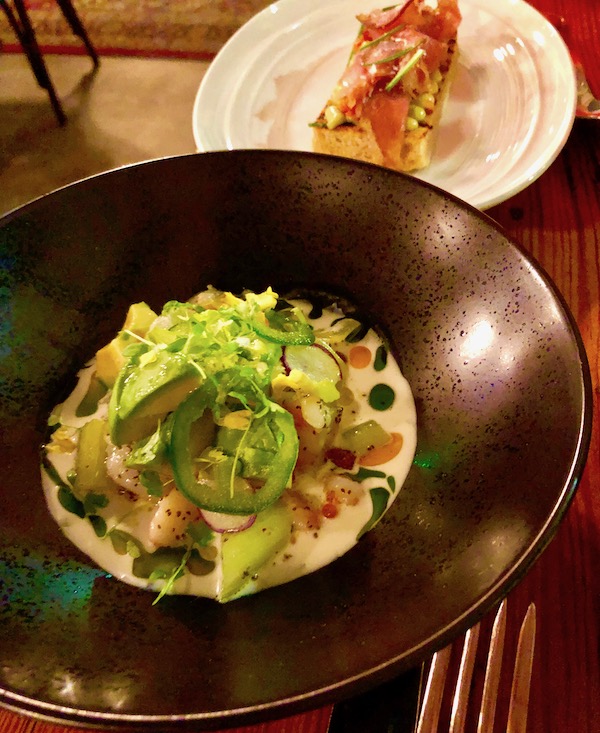 A matte black bowl filled with pickled shrimp, buttermilk dressing and trout roe at Bywater American Bistro in New Orleans