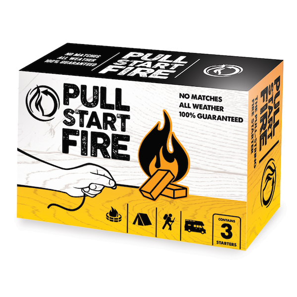 A yellow, black and white box of pull start fire starters as part of my Fathers Day Gift Round-up