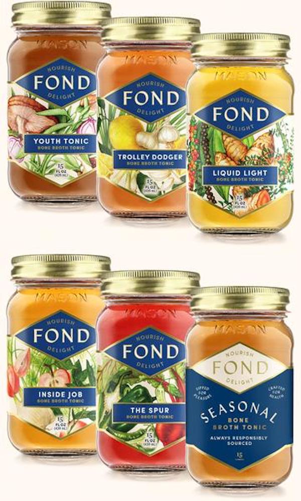 Assorted jars of bone broth with blue labels as part of a Fathers Day Gift Round-up