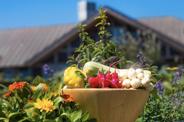 A basket of colorful produce with an inn behind it from Spring in Mendocino, California