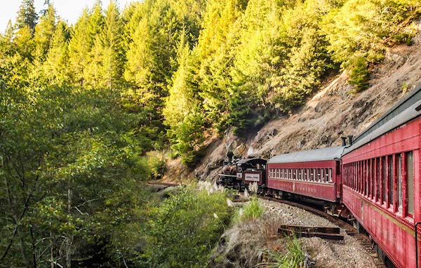 A red train going through hills with lots of trees from Spring in Mendocino, California