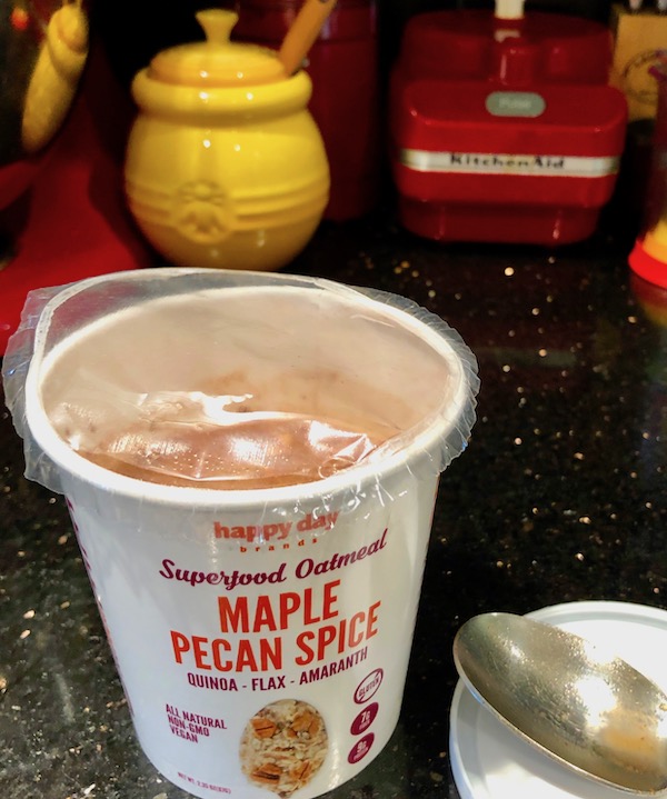 A white container of oatmeal from same brand as Keto Pancakes