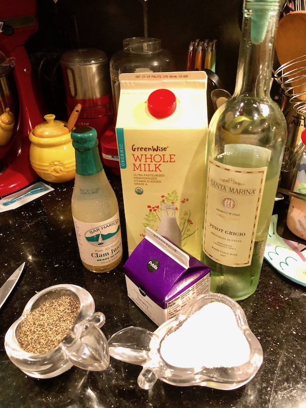 Milk carton, white wine, clam juice, heavy cream , salt and pepper for New England Clam Chowder