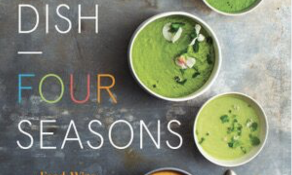 A cookbook cover with bowls of pea soup from One Dish - Four Seasons