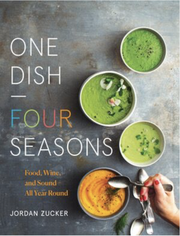 A cookbook cover with bowls of pea soup from One Dish - Four Seasons