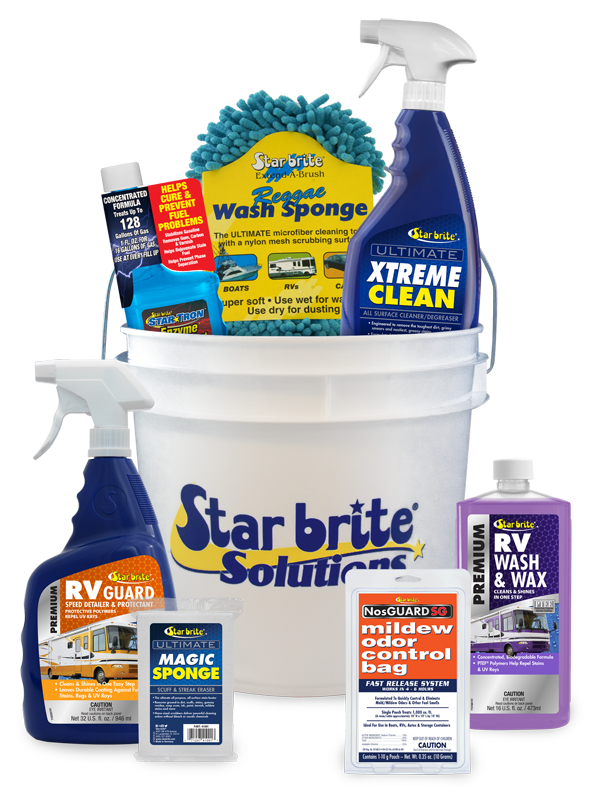 A large white bucket filled with bottles of cleaning supplies from 10 Best RV Camping Gifts