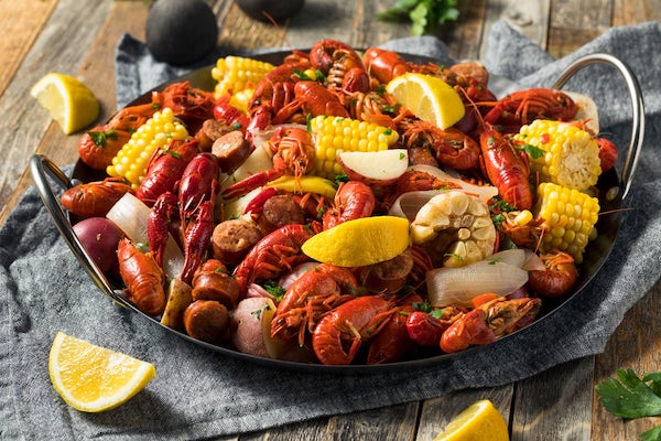 Crawfish, potatoes, corn and lemon wedges from Beyond The Bayou