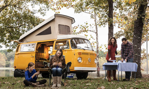 A yellow VW bus/camper from Branson Missouri Outdoor Winter Wonderland