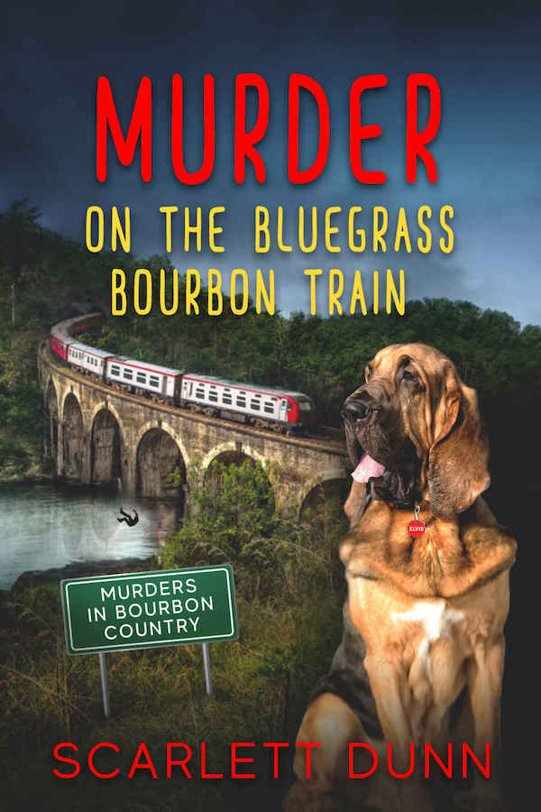 A Bloodhound and a train on the cover of Murder on the Bluegrass Bourbon Train from Fun Books to Read While Traveling