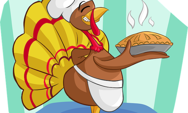 An illustration of a turkey with a chef toque holding a hot pie from Happy Thanksgiving 2019