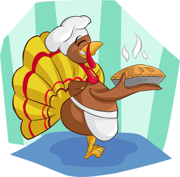 An illustration of a turkey with a chef toque holding a hot pie from Happy Thanksgiving 2019