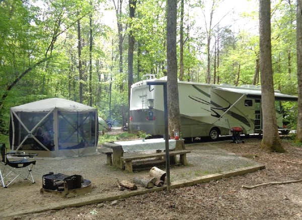A Class A Rv at a campsite from How to Winterize Your RV