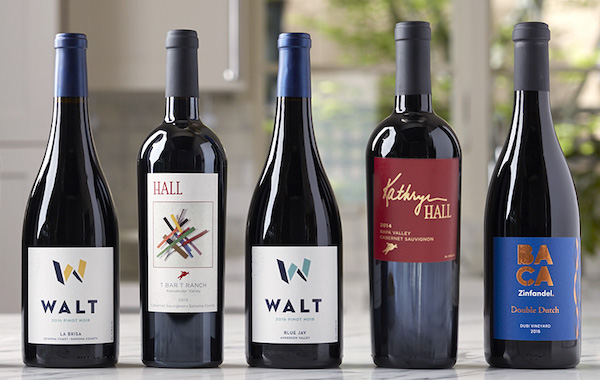 Three wine bottles with different labels from Walt Wines New Tasting Room