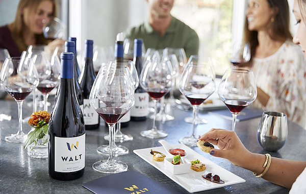 Wine bottles, wine glasses and plates of hors d'oeuvres Walt Wines New Tasting Room
