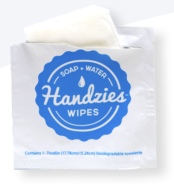 An individually wrapped blue and white Handzies Wipe from Fun Camping Essentials