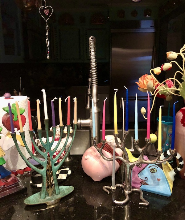 Two tree of life menorahs with candles from Pulled Brisket Taco Latke for Hanukkah