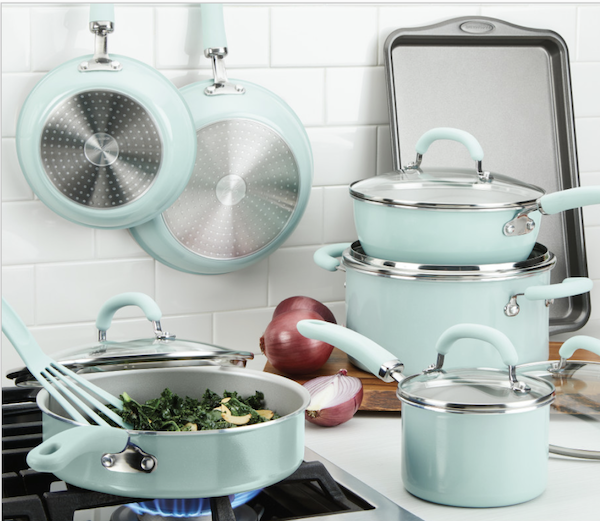 An aqua 10 piece cookware set is one of the Best Valentine's Gifts for Cooks