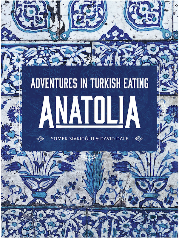 Front book cover of the blue and white Anatolia Adventures in Turkish Eating