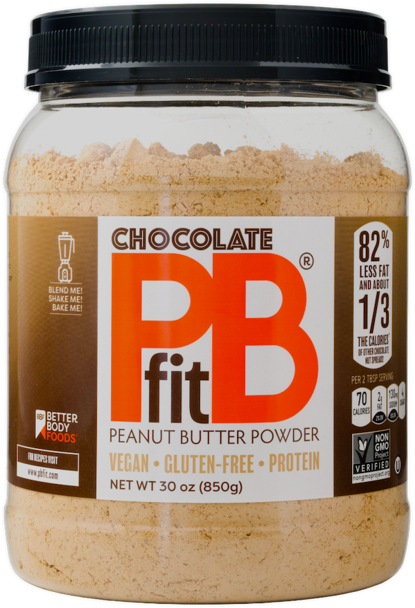 A jar of Chocolate peanut butter powder is one of my new healthy options
